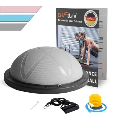Abbildung von DH FitLife Balance Ball, Yoga Gleichgewichtstrainer Φ60*22cm bis 200 KG belastbar, halber Gymnastikball Fitness Board, Board mit Pumpe und 2 Fitnessbändern, Grau