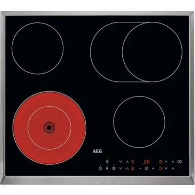 Abbildung von AEG Glaskeramikkochfeld autark 60cm 4 Zonen mit Bräter und Zweikreiskochzone 14 Stufen Edelstahlrahmen Timer Touch Bedienung je Zone Kindersicherung HK634060XB