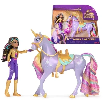 Abbildung von Unicorn Academy Sophia und Einhorn Wildstar Set ca. 12 cm große Originalfiguren zur beliebten Netflix Serie mit zwei Accessoires Haarbürste für fantasievolles Rollenspiel, Kinder ab 4 Jahren