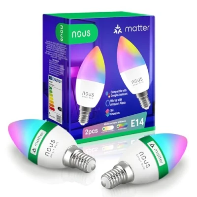 Abbildung von NOUS P4 Smarte WiFi Glühbirne RGB E14, Kompatibel mit Matter, Alexa, Google Home &amp; Apple HomeKit, Smart Home, Fernbedienung, LED Lampe Farbwechsel, Glühbirne, 2.4 GHz