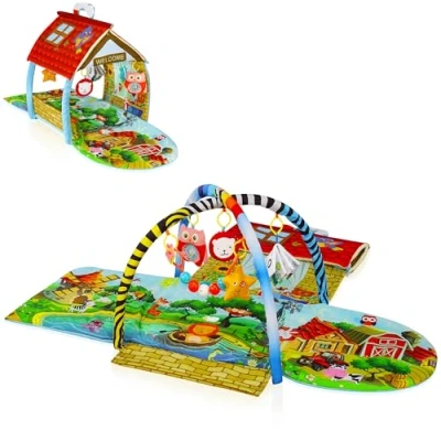 Abbildung von Lionelo Agnes Plus 2in1 Krabbeldecke für Baby, Spielmatte 2 Spielbögen, Spielhaus, Stoffbuch, Spielzeuge Bunte, Rasselkette, verstärkter Boden, kontrastreiche Farben