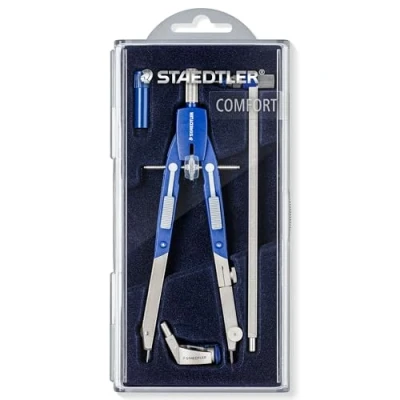 Abbildung von STAEDTLER Zirkel Mars Comfort, Schnellverstellung, mit Drucktasten und Spindelführung, exakt präzise, Set Verlängerungsstange Universaladapter, Etui Klappdeckel, 552 02