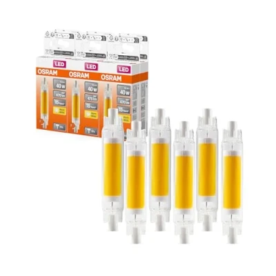 Abbildung von OSRAM LED Slim Line schlanke multicolor Lampe mit R7s Retrofit Sockel, 4.5 W / 470 lm, klar, warmweißes Licht 2700 K, nicht dimmbar, IP20, bleifreies Glas, 16 mm Durchmesser.