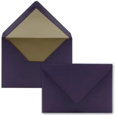 Abbildung von Kuverts in Aubergine 25 Stück Brief Umschläge DIN C6 114 x 162 mm 11,4 16,2 cm Naßklebung matte Oberfläche &amp; Gold Metallic Fütterung ohne Fenster für Einladungen