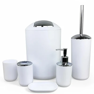 Abbildung von 6tlg Badset Badezimmer Zubehör Set Organizer: Seifenspender, Zahnputzbecher, Kosmetikeimer, WC Bürste und Halter, Seifenschale, Mülleimer, Zahnbürstenhalter, Badgarnitur (Weiß Design 2)