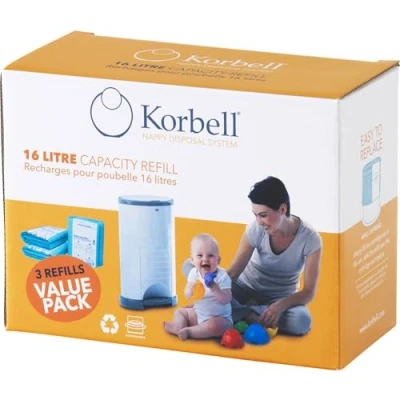 Abbildung von Korbell Nachfüllpackungen für Windelbehälter STANDARD 16 L x3 Biologisch abbaubar Geruchskontrolle Kapazität 240 Windeln, Grün
