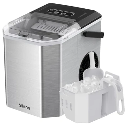 Abbildung von Silonn Eiswürfelmaschine mit Griff Eiswürfelkorb Tragbar &amp; Selbstreinigend, Mini Ice Maker 9 Eiswürfel/6 Min. 12 KG/Tag, Eiswürfel einfach entnehmen und überall nutzen