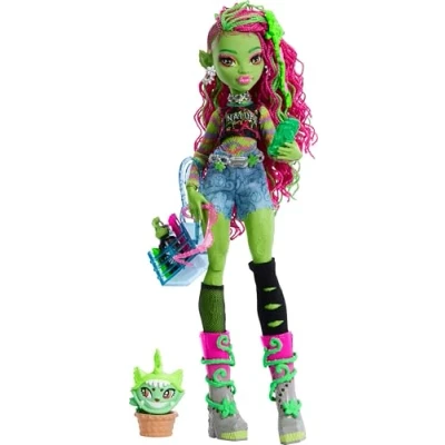 Abbildung von Monster High Venus McFlytrap Puppe mit Pflanzenmonstertier Katze Chewlian und Zubehör wie Rucksack, Notizbuch, Snacks mehr, HRP81