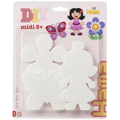 Abbildung von Hama Perlen 4583 Große Stiftplatten 3er Set für Midi Bügelperlen mit Durchmesser 5 mm, Motive Schmetterling, Blume und Puppe in weiß, Bastelspaß Groß Klein