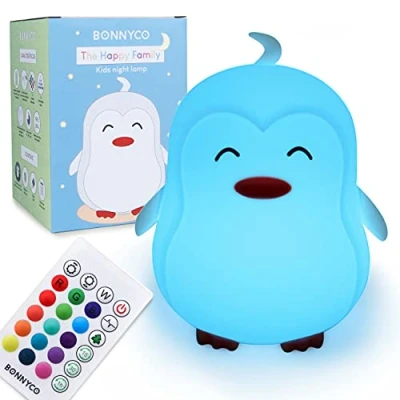 Abbildung von BONNYCO Nachtlicht Kinder mit Fernbedienung und Berührungssensor 16 Farben Pinguin Baby Timer Nachttischlampe Silikon 100% BPA Frei Geschenke