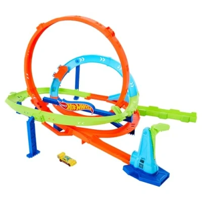 Abbildung von HOT WHEELS Let&#039;s Race Netflix Looping Zyklon Challenge Action Trackset mit 2 Spielmöglichkeiten, Bumerang Loopings und Fahrzeug im Maßstab 1:64, Tragegriff, ab 4 Jahren, HXM94