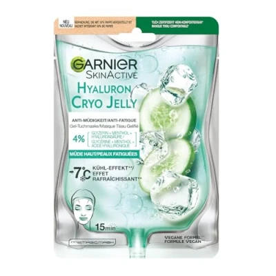 Abbildung von GARNIER Skin Active Gesichtsmaske aus Gelgewebe Hyaluron Cryo Jelly gegen Müdigkeit &amp; erfrischende Wirkung Glycerin, Menthol Hyaluronsäure Vegan Cruelty Free Müde Haut 1 Stück