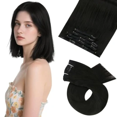 Abbildung von Moresoo Natürliches Schwarz Clip in Extensions Echthaar Remy Haarverlängerung Clips Haarextension #1B Doppelt Tressen Glatt Dicke Haare 5pcs 80g 35 cm
