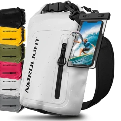 Abbildung von Nordlight Dry Bag wasserdichte Tasche mit Handyhülle + Roll Top, Schultergurt Drybag wasserfester Rucksack Beutel Packsack Seesack Wassersack Wetbag Baden Schwimmen Strand SUP Weiß, 10 Liter
