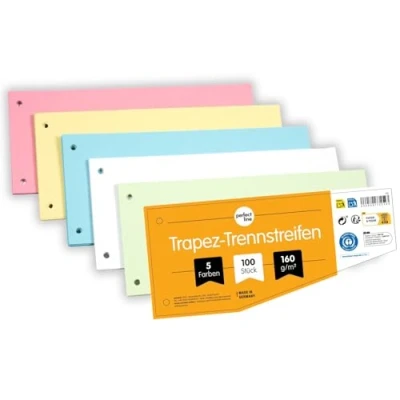 Abbildung von perfect line 100 Trennstreifen für Ordner A4, Trennblätter aus Recycling Karton, MADE IN GERMANY, 5 Farben, gelocht