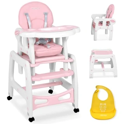 Abbildung von Ricokids Sinco Kinderhochstuhl Babyhochstuhl Mitwachsender Multifunktions Hochstuhl 5in1 Tisch + Babystuhl Regulierbar Schaukelfunktion 3 fache Neigungsverstellung der Rückenlehne (Rosa)