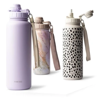Abbildung von MAMEIDO Thermosflasche mit Strohhalm 700ml, auslaufsichere Trinkflasche Edelstahl isoliert, Wasserflasche Trageschlaufe, Isolierflasche BPA frei (Lavender Haze, 0,7l)