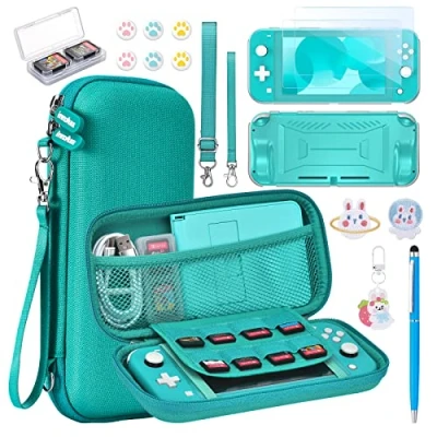 Abbildung von innoAura Switch Lite Hülle 17 in 1 Zubehör mit Tasche, Spiele Aufbewahrung, Schutzfolie für Lite, Ständer, Joystick Kappen(Türkis)
