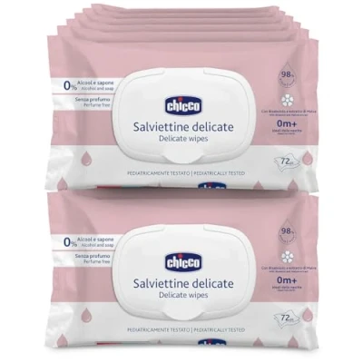 Abbildung von Chicco Zarte Baby Mehrzweck Reinigungstücher mit Clip, alkoholfrei, für empfindliche Haut geeignet, Multipack 864 Tüchern, 12 Packungen 72 Tüchern