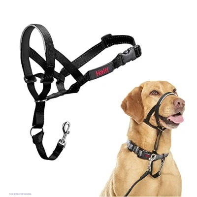 Abbildung von HALTI Kopfgeschirr Verhindert, dass Ihr Hund an der Leine zieht, Einfache Anpassung, Leicht, mit gepolstertem Nasenriemen, Anti Zug Halsband für mittelgroße Hunde (Größe 3, Schwarz)