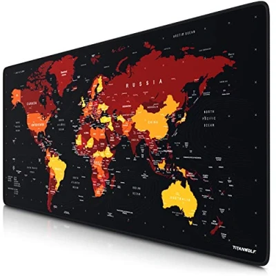 Abbildung von TITANWOLF XXL Gaming Mauspad 900x400 mm Tischunterlage Mousepad groß Präzision und Geschwindigkeit Gummiunterseite rutschfest strapazierfähig wasserabweisend Weltkarte schwarz rot