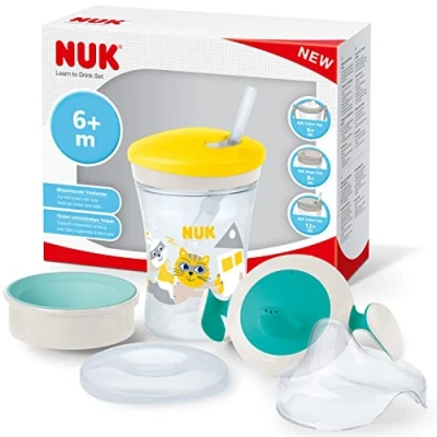 Abbildung von NUK 3 in 1 Trinklernset mit Trainer Cup Schnabeltasse (6+ Monate), Magic 360 Trinklernbecher (8+ M) &amp; Action Trinkflasche Kinder (12+ 230 ml BPA frei gelbe Katze