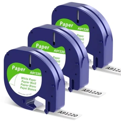 Abbildung von Aken A91220 Band Kompatibel mit Dymo Paper White 12mm x 4m, Letratag 91220, Etikettenband Papier Weiß für LT 100H 100T 200B