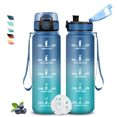 Abbildung von Trinkflasche, Trinkflasche 1l Kohlensäure Geeignet, Auslaufsicher, mit Zeitmarkierung und Uhrzeit, Leicht zu Reinigen, Sport für Fitness, Schule, Büro, Outdoor