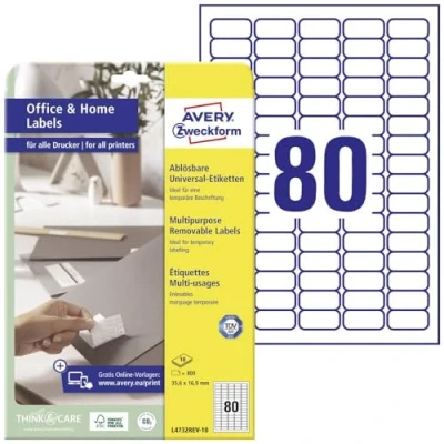Abbildung von AVERY Zweckform L4732REV 10 Universal Etiketten (800 Klebeetiketten, 35,6x16,9 mm auf A4, wieder rückstandsfrei ablösbar / abziehbar, individuell bedruckbare, selbstklebende Aufkleber) Blatt, weiß