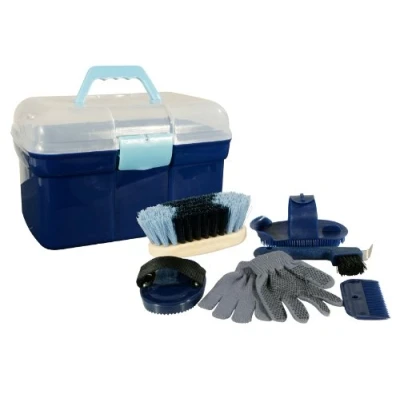 Abbildung von PFIFF 100576 Putzkiste mit Inhalt, Kinderputzbox, 6 teiliges Putzzeug für Kinder, Pferdepflege, Blau