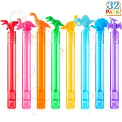Abbildung von JOYIN 32 Seifenblasen, Partygeschenke für Kinder, Dinosaurier Mini Seifenblasen Stäbe, Geschenktütenfüller, Schatzbox Spielzeug, Klassenzimmerpreise Jungen und Mädchen, 8 Farben