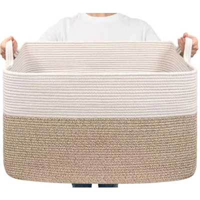 Abbildung von TIMEYARD Wäschekorb, 85 L Wäschesammler, Aufbewahrungskorb für Baby Spielzeug, Rectangle Laundry Baskets, Korb Aufbewahrung Decken, kissen, Gästehandtuchkorb, Weiß und Braun