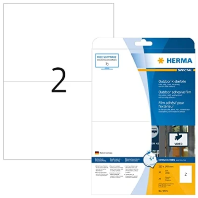 Abbildung von HERMA 9535 Wetterfeste Folienetiketten, 10 Blatt, 210 x 148 mm, 2 pro A4 Bogen, 20 Stück, selbstklebend, bedruckbar, matt, blanko Outdoor Klebeetiketten Aufkleber aus Polyethylen, weiß