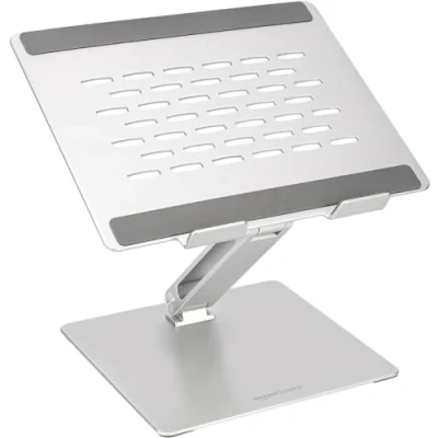 Abbildung von Amazon Basics Verstellbarer ergonomischer Laptopständer mit Wärmeabzug, stufenlose Höhen und Winkelverstellung, ideal für einen Laptop bis 43,9 cm (17,3 Zoll), 27.9 x 23 5.6 cm, Silber