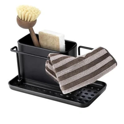Abbildung von WENKO Spülorganizer Mod. Orio, Spülcaddy mit Behälter aus rostfreiem Edelstahl abnehmbar, stabile Bodenschale Kunststoff, Maße (B x H T): 21 10,5 12 cm, Schwarz