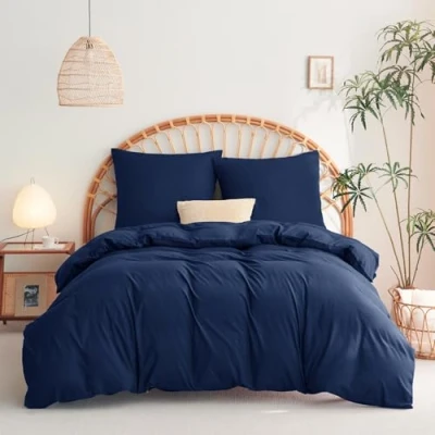 Abbildung von WAVVE Bettwäsche 155x220 3 teilig Blau Bettbezug 155 x 220 Set mit 2 Kissenbezüge 80x80 cm, Sets 155x220cm aus Mikrofaser Reißverschluss Weich und Bügelfrei, Dunkelblau