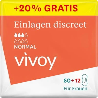 Abbildung von Vivoy Discreet Normal 72 Einlagen im Monatspaket (6 x 12 Stück) bei mittlerer Blasenschwäche und Inkontinenz Hygieneeinlagen für Frauen einzeln verpackt