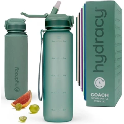 Abbildung von Hydracy Trinkflasche mit Strohhalm und Zeitmarkierung 1L Wasserflasche BPA freie Auslaufsichere Sportflasche Kondensationsfrei für Sport Outdoor