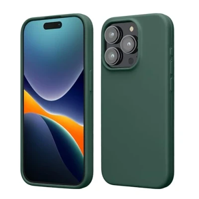 Abbildung von kwmobile Hülle für das iPhone 15 Pro Max Silikon Handy Case stoßfeste Handyhülle mit weicher Oberfläche Tannengrün