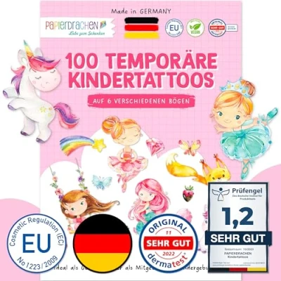 Abbildung von Papierdrachen 100 hautfreundliche Kindertattoos Tattoos mit Einhörnern, Meerjungfrauen, Prinzessinnen als Geburtstagsmitgebsel &amp; Geschenkidee für Kinder vegan geprüft