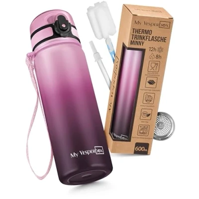 Abbildung von My Vesperbox Edelstahl Thermos Trinkflasche auslaufsicher mit Strohhalm oder Sieb 400 ml, 600ml BPA FREI für Kindergarten, Schule (Rosaverlauf 600ml)