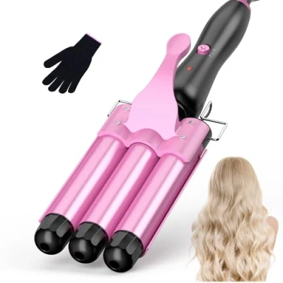 Abbildung von Lockenstäbe 3 fässer für Große, Welleneisen haare, lockenstab Beach waves Temperatureinstellung Schnelle Erwärmung mit Handschuh,Rosa