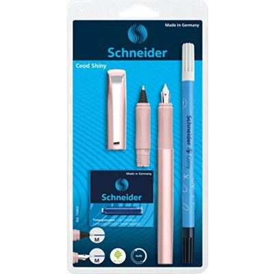 Abbildung von Schneider 74869 Ceod Shiny Schreibset mit Füller, Tintenroller, Tintenkiller (Rechts und Linkshänder, M Feder, inkl. Tintenpatronen königsblau) powder pink