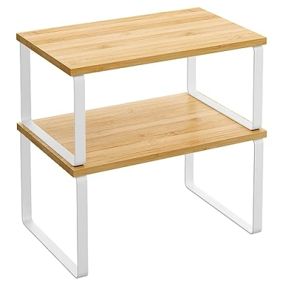 Abbildung von SONGMICS Gewürzregal, 2er Set Küchen Organizer, Küchenregal, Schrank Organizer Küche, erweiterbar, kleines Regal, stapelbar, Metall und Holzwerkstoff, wolkenweiß naturbeige KCS02NW