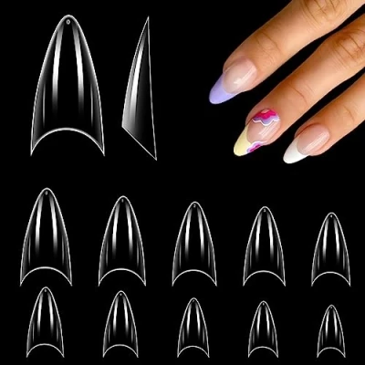 Abbildung von Nageltips Kurz Stiletto 500 Stücke Set, 10 Größen Nagel Tipps Acryl Fake Nail Tip für Gelnägel Polygel Künstlich Nagelspitzen Transparente Falsche Französisch Natur