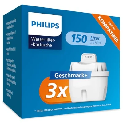 Abbildung von Philips Water Wasserfilter Kartuschen Geschmack+, 3er Pack, Brita kompatibel, reduziert MIKROPLASTIK, CHLOR, KALK, SCHWERMETALLE