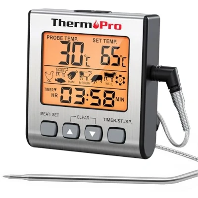 Abbildung von ThermoPro Digitales Grill Thermometer Bratenthermometer Fleischthermometer Ofenthermometer mit Timer, Orange Hinterbeleuchtung, Temperaturbereich bis 300C