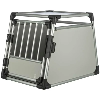 Abbildung von TRIXIE Hunde Transportbox Aluminium in silber M: 60 x 65 86 cm, stabile und geräuscharme Hundebox mit abgeschrägten Seiten, Sicherheitsverschluss &amp; rutschfester Liegematte 39342