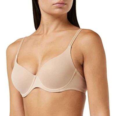 Abbildung von Nur Die T Shirt Bügel BH aus weicher Mikrofaser nahtlos vorgeformte gepaddete Cups unsichtbar unter der Kleidung Push Up Effekt Damen, Haut, 80B
