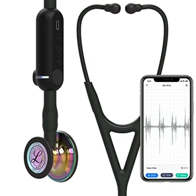 Abbildung von 3M Littmann CORE Digital Stethoskop, 8572, hochglänzendes, regenbogenfarbenes Bruststück, Schlauch, Schlauchanschluss und Ohrbügel in Schwarz, 69cm, 1 Stück